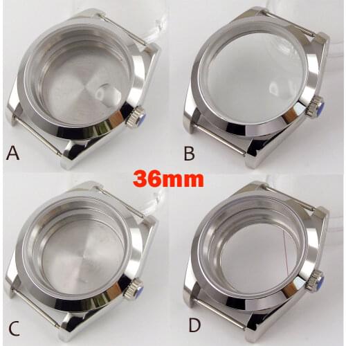 New Polished 36mm Watch Case See-throught Back fit NH35A NH36A ETA 2836 MIYOTA 8215 821A