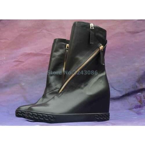Black Leather Wedge Platform Height Increasing Boots White Suede Round Toe Motorcycle Boots Women Spring Autumn Ankle Boots