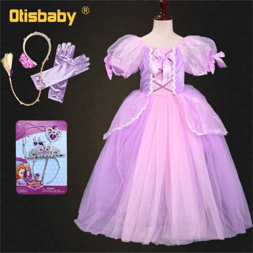 Girls Sofia Rapunzel Dress Kids Puff Sleeve 6 Layers Fluffy Dress Arm Sleeves The Tangled Princess Sofia Costume Rapunzel Wig