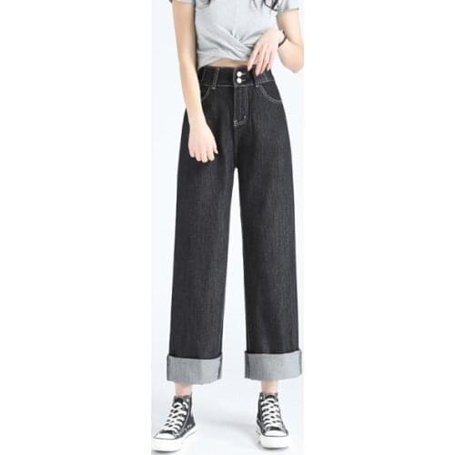 Jeans Pants Women Fashion Womens Solid High Waist Loose Jeans Street Double Button Womens Straight Wide-leg Women Clothing