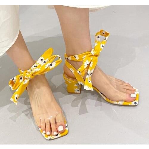 Elegant Temperament Square Toe Large Size Ladies Sandals Summer New Sweet Bow Mid-Heeled High Heels