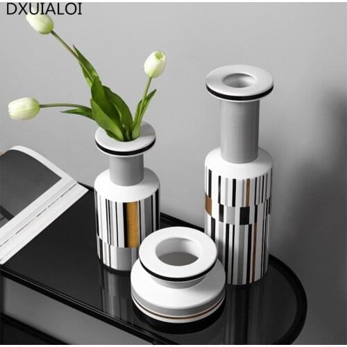 Geometric lines abstract round mouth ceramic vase ornaments flower arrangement modern minimalist living room home decoration