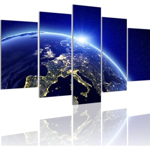 Earth from Space at Night 5 Panels HD Canvas Painting Posters Wall Art Print Pictures Living Room Interior Home Decor Frame