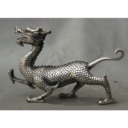 7 China Folk FengShui Silver Exorcise Evil Spirits Dragon Loong Beast God Statue
