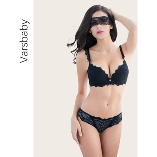Varsbaby sexy push up deep V lace bra set gather underwear sets for women A B C Cup 3pcs/Lot bra+panties+ eye shield