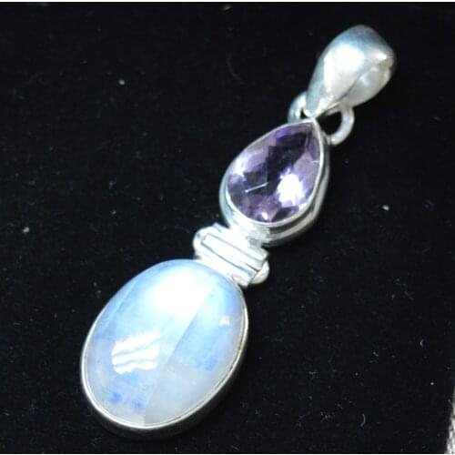 Genuine Blue Fire Moonstone & Amethyst Pendant 925 Sterling Silver, 47.6 mm, MHBAP4637