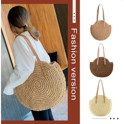 Summer Round Straw Bags for Women Rattan Shoulder Bag Handmade Woven Beach Handbags Female Message Handbag Totes Bag