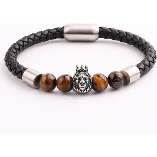 High Quality Men Jewelry New Design Natural Stone Stainless Steel Lion Charm Genuine Leather Bracelet Male