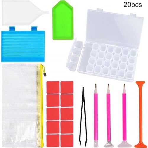20 Pcs/set Color Random Crystal DIY Painting Tools Set 28 Grinds Storage Box Crystal Tray Painting Pens Kit