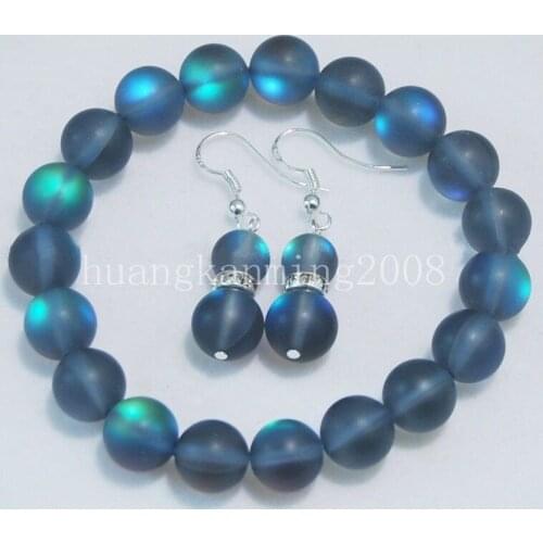 Gray Rainbow Moonstone Round Beads Bracelet Earrings Set 7.5"10mm AAA