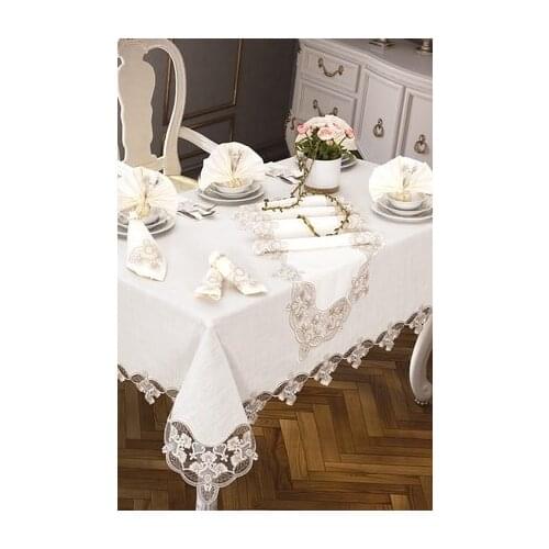 DowryWorld - 38 Piece French Laced Clove Tablecloth Set (Cream and Cappucino)