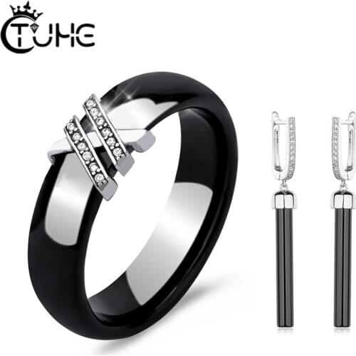 Womens Fashion Jewelry Set Elegant 6mm Ceramic Rings Long Drop Earrings For Female Girl Christmas Gift 2020 Trend Black White