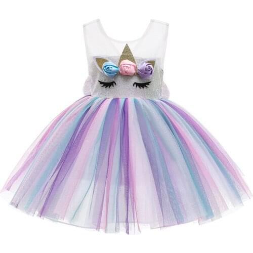 New Summer Unicorn Dress for Girls Embroidery Ball Gown Baby Girl Princess Birthday Sequined Dresses for Party Children Clothing