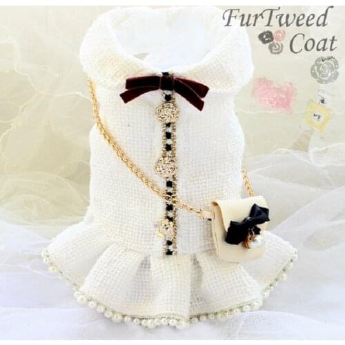 Free Shipping Handmade Luxurious Dog Clothes Vintage C Style Tweed Chain Bag Pearl Pet Coat Dress Yorkie Poodle Autumn Winter