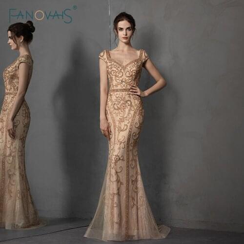 Luxury Beaded Mermaid Evening Dress 2019 Cap Sleeves Champagne Prom Dress Long Lace Formal Party Gown robe soiree dubai NE95