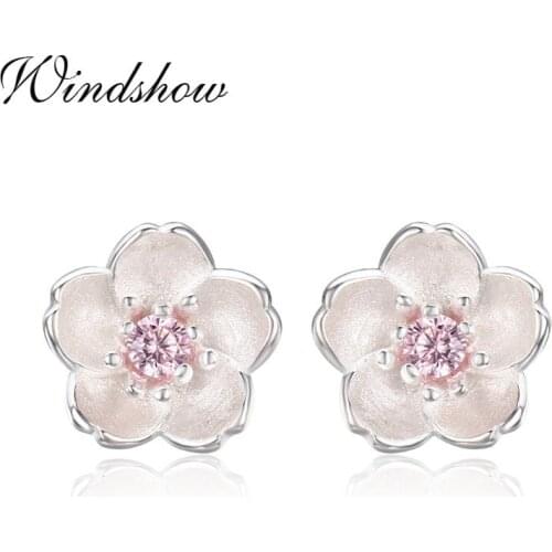 Cute Small 925 Sterling Silver Cherry Blossom Flower Set Pink CZ Stud Earrings For Women Girls Kid Jewelry Orecchini Aros Aretes