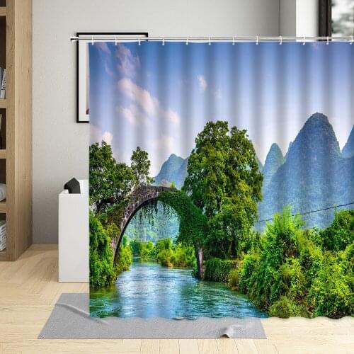 Chinese landscape Scenery Shower Curtain Arch Bridge Building Bathroom Decor Spring Pastoral Flowers Rural View Curtains Hooks
