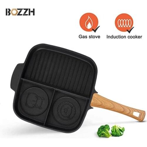 BOZZH Frying Pan Non-Stick Pot With Heat Resistant Wooden Handle Egg Ham Skillet Sauce Maker Kitchen Tools