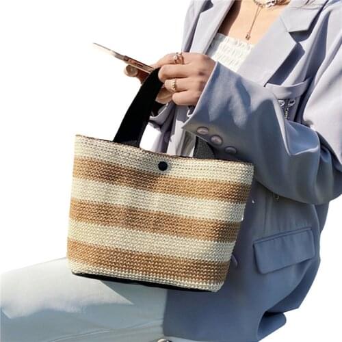Capacity Striped Straw Bags Women Handmade Woven Tote Bag with Magnetic Snap Summer Bohemian Beach Bags Luxury Brand Handbags
