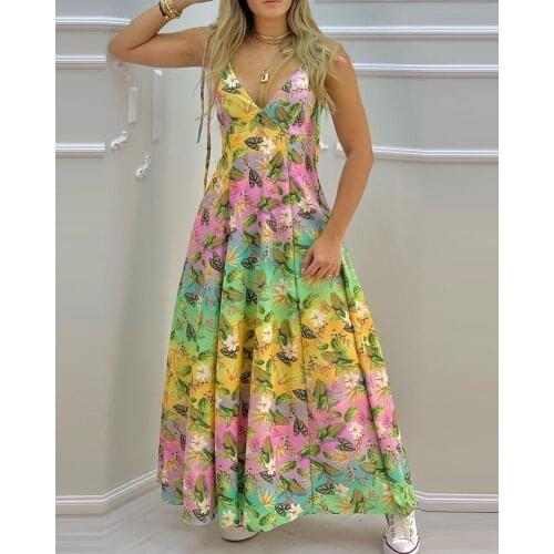VAZN 2021 Top Quality Retro Print Young Chiffon Sweet Young Holiday Spaghetti Strap Backless Women Ball Gown Maxi Dress