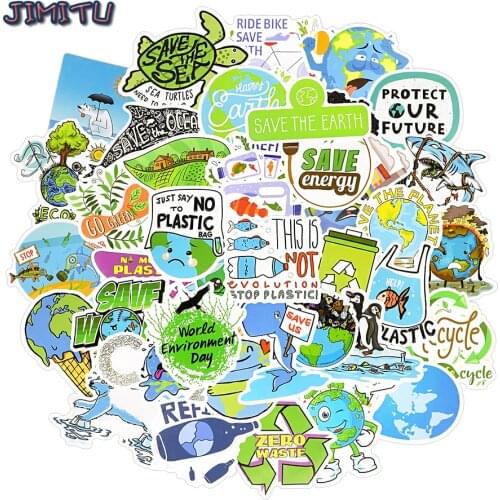 50 PCS Save Earth Stickers Funny Cartoon Vinyl Decal Education Environment Sticker for Kid Gift DIY Laptop Fridge Car Bike Diary