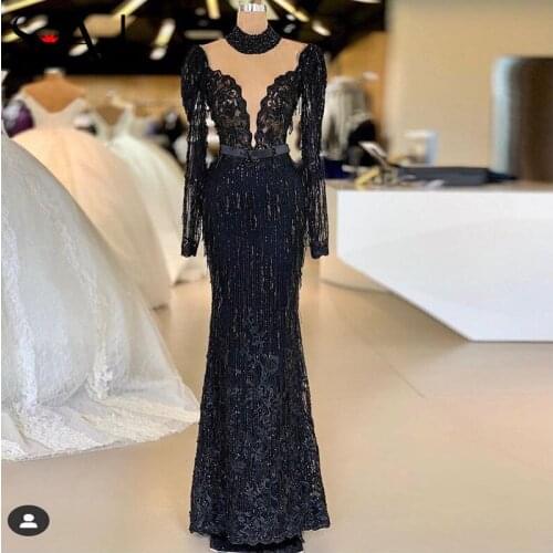 Long Sleeves Evening Dresses Beading Sequin Prom Gowns for Women Lace Black Dress High Neck Muslim Gowns