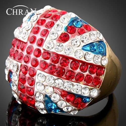 CHRAN UK Flag Design Austrian Crystal Anniversary Rings for Women Elegant Gold Color Zinc Alloy Ring