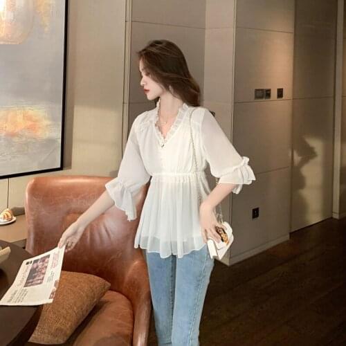 2021Womens Tops and Blouses 2021 Cotton Linen Blouse Button Solid V-neck Ladies Lace Tops Women Shirts