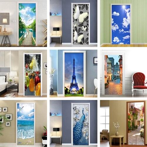 3D Door Sticker Town Street View Flowers Blue Sky Landscape Living Room Door Wall Decoration Mural PVC Door Stickers Home Decor