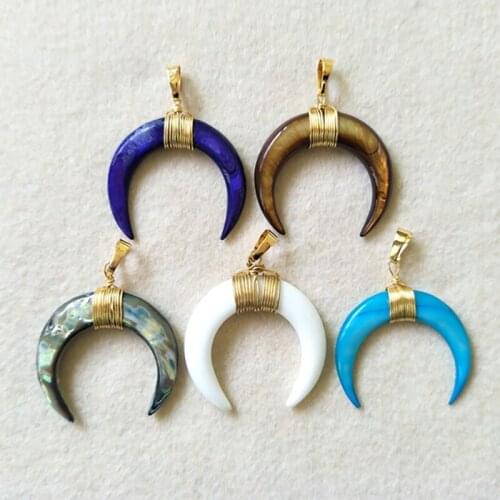 5pcs Natural shell Gold color Wire Wrapped Tribal Ox Horn Rainbow Charm Pendant Crescent Abalone Bead DIY necklace making P234