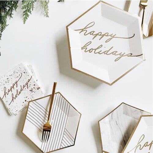 White Happy Holiday Foil Gold Party Disposable Tableware Sets Paper Plate Cups Napkins Thanksgiving Wedding Supplies