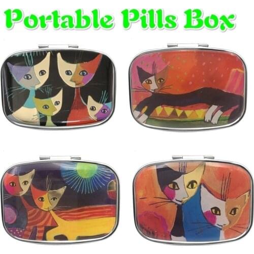 Family Cats Moonlight Pill Box Holder Storage Organizer Case W/Inner Mirror Bag Table Hook