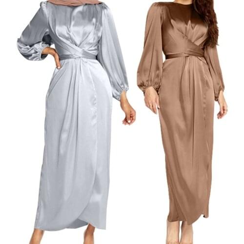 Women Arab Muslim Satin Puff Long Sleeve Maxi Dress Solid Color Wrap Front Self-Tie Abaya Dubai Turkey Hijab Robe kaftan dress