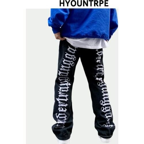 Fashion Back Letters Embroidery Denim Flare Jeans Mens Zipper Straight Trouser Hip Hop Destroy Holes Streetwear Pants Joggers