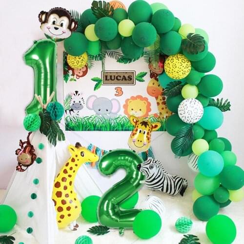 Animal 0-9 Number Foil Balloon Jungle Safari Party Green Baloon 1st Birthday Party Decors Kids 1 2 3 Year Birthday Ballon