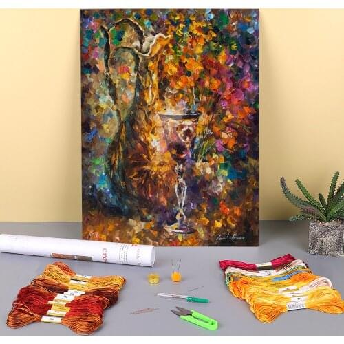 Oil Painting Style Jar Wine Pre-Printed 11CT Cross Stitch Embroidery Full Kit DMC Threads Needlework Knitting Decor