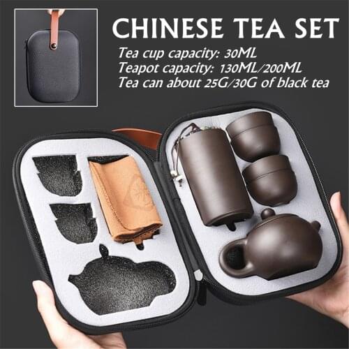 Chinese Teawere Retro Designer Cool Purple Sand Teapot Set Travel Kong Fu Tea Kit Gift Purple Sand Pot + 4 Cup + Tea Caddy + Bag