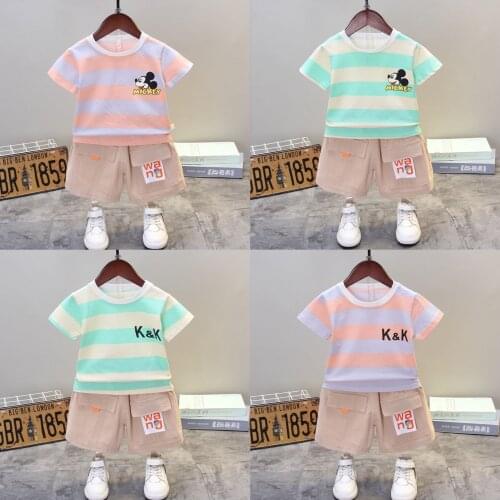 Childrens Clothing Sets Summer New Kids Short Sleeve Suit Cotton Baby Boys Girls Striped Mickey T-shirt + Shorts 2-piece Suit
