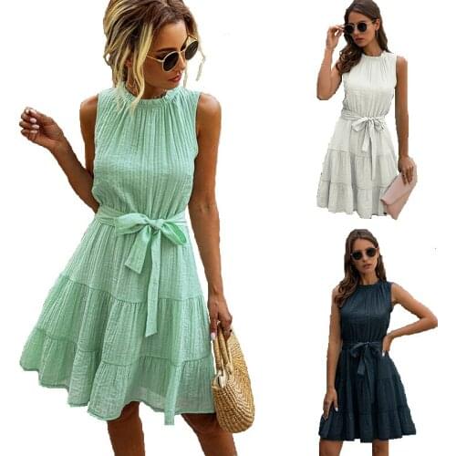2021 Summer Sweet Pleated Dress A-Line Women Sashes Dress Sleeveless Pure Color Mini Sundress Female Beach Dress Vestido Verano