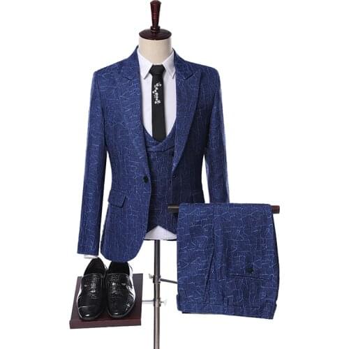 New Winter Blue Men Suits 3 Pieces 2020 Mens Wedding Suit Slim Fit One Button Peak Lapel Groom Formal Tuxedos Jacket Pant Vest