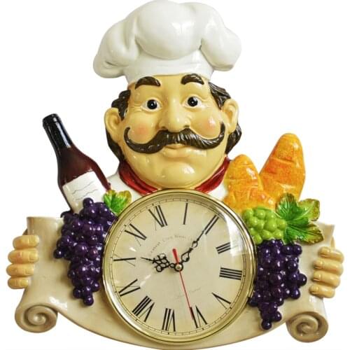 Wall Decor Hanging Vintage Wall Clock home decoration Resin Chef Statue watch Mute Quartz Clock for living room Kitchen Clock