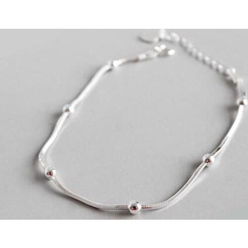 Genuine 925 Sterling Silver Minimalist Snake Chain Beads Bracelet Anklets For Women Girls Wedding Jewelry Gift DS1892