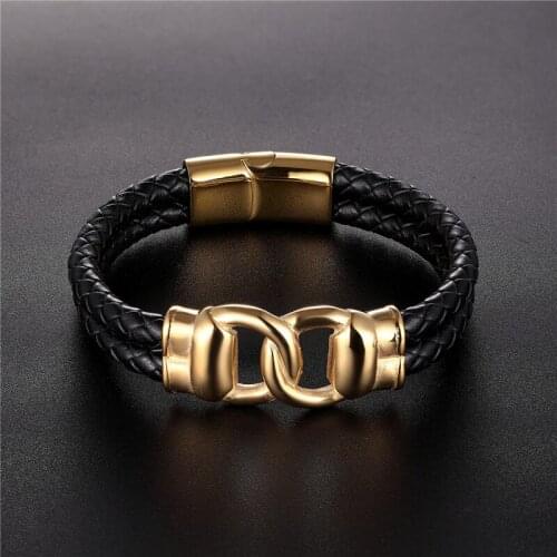 Stainless Steel Black Woven Leather Strap Bracelet Mens Vintage Titanium Steel Bracelet Magnetic Buckle Leather Bracelet