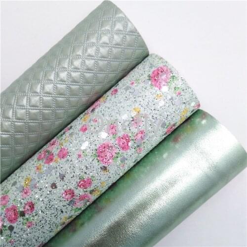 Onefly 21X29CM Flowers Printed Glitter Fabric, Plaids Synthetic Leather Fabric Sheets For Bow DIY handbags shoes BQ062
