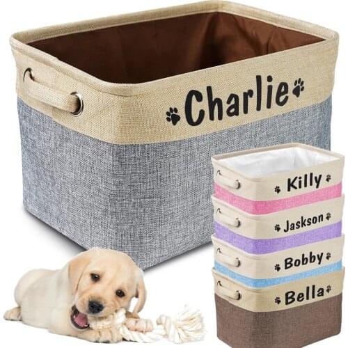 Personalized Pet Dog Toy Storage Basket Canvas Foldable Pet Toys Box Name Printing Storage Organization Bins for Dog Accessories
