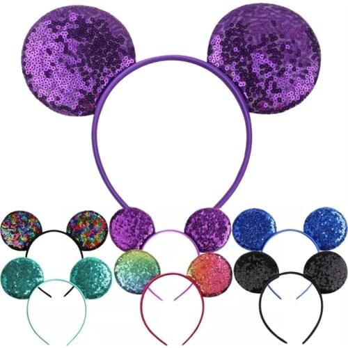 10Pcs/Lot 3.3'' Sequins Mouse Headband 34 Colors Bright Ears Children Hairband DIY Headwear Hair Accessories