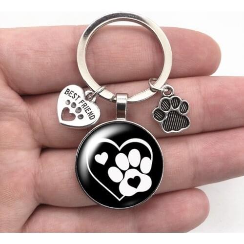 Love Cat Pet Footprints Dogs Glass Cabochon Keychain Bag Car Key Chain Ring Holder Charms Keychains for Men Women Gifts