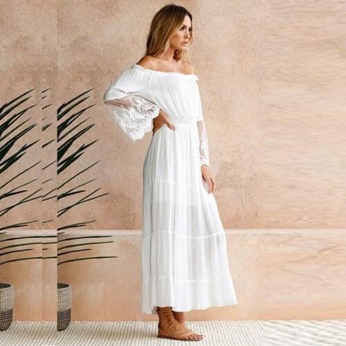 Sexy Off Shoulder Lace Boho Women Maxi Dress Women White Beach Dress Strapless Long Sleeve Loose Dress