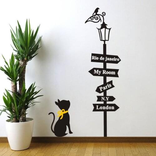 Removable Black Cat DIY Home Decor Cat Bird Street Lamp Wall Stickers for Kids Room Poster Adhesive Decals Wall Decorative QT028
