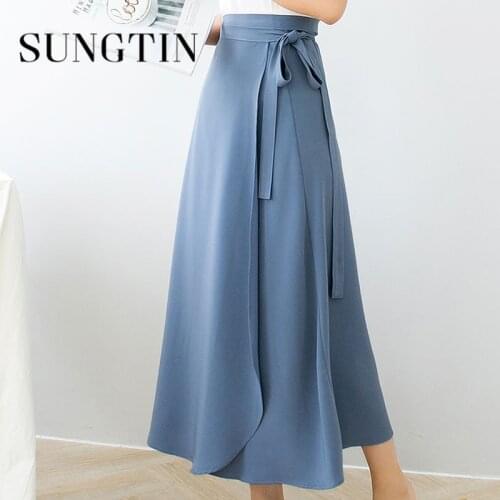Sungtin Vintage Black Chiffon Long Skirts for Women A Line High Waisted Lace Up Skirt Solid 10 Colors Summer Fashion Skirts 2021